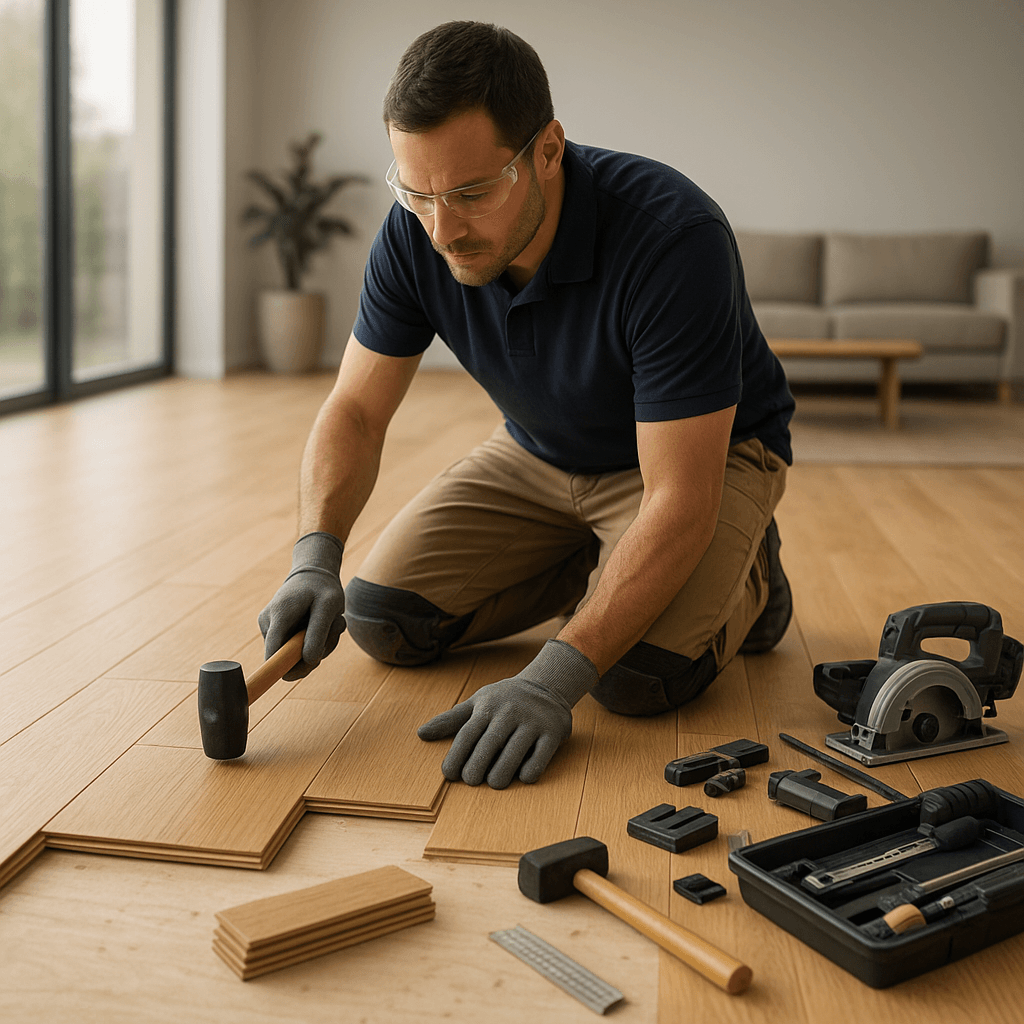 Bodenleger bei der Verlegung von Holzdielen